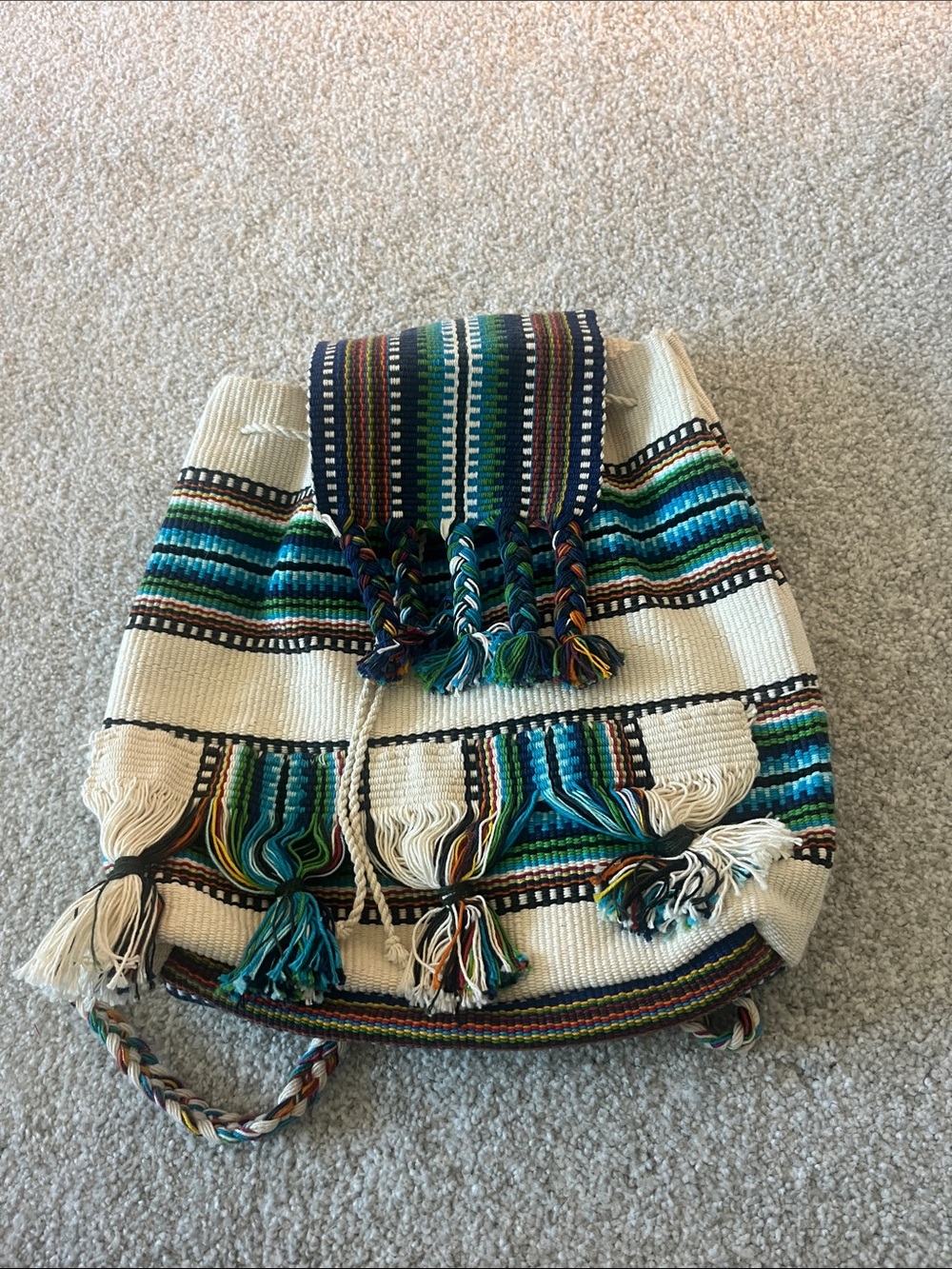 Boho Woven Tassel Drawstring Backpack - Cream & Multicolor